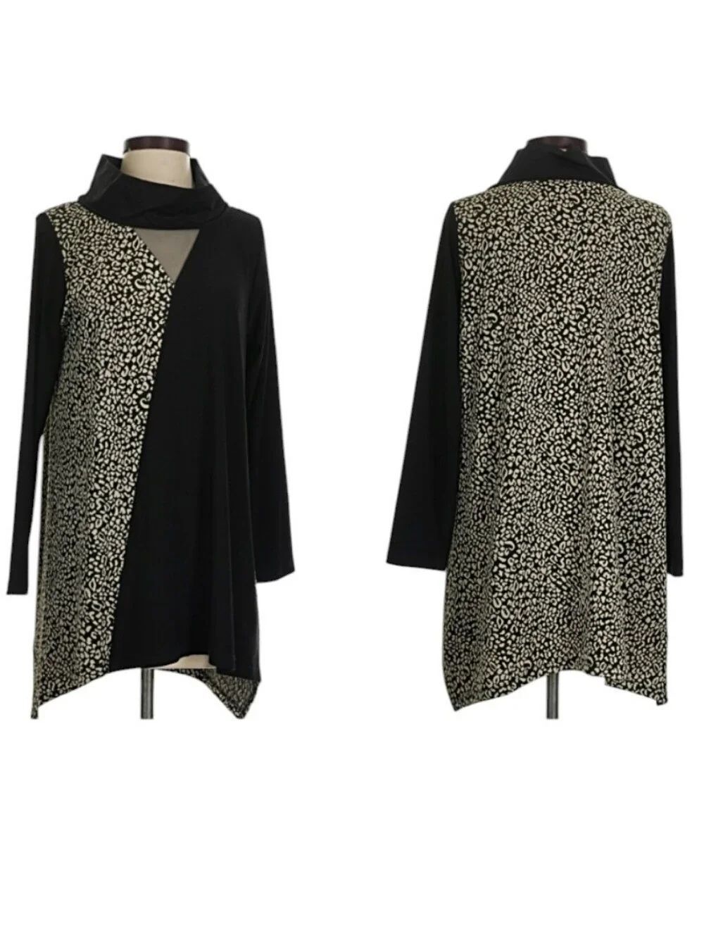 Sun Kim Long Sleeve Tunic Asymmetrical Hem Black Cream Leopard Cutout Mesh Neck